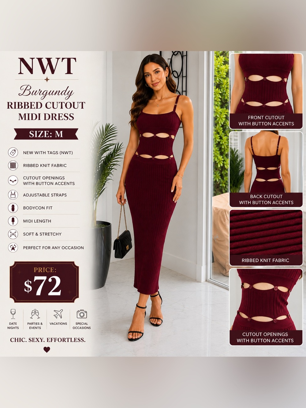 Burgundy Ribbed Cutout Midi Dress - Women's